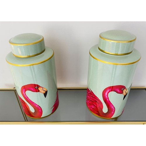 485 - GINGER JARS, pair, 40cm high, 20cm diameter, glazed ceramic with flamingo design. (2)