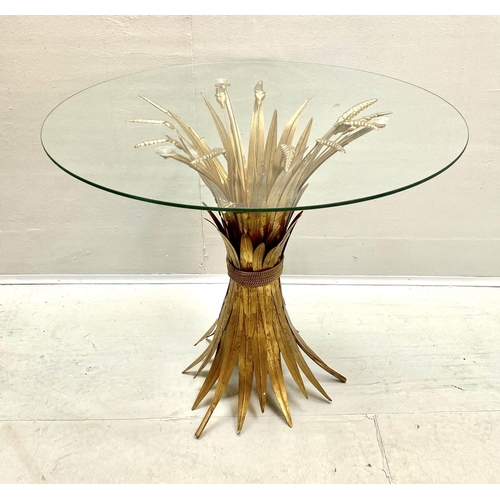 492 - MAISON JANSEN STYLE SIDE TABLE, wheat sheaf design, gilt metal and glass, 60cm x 70cm x 70cm.