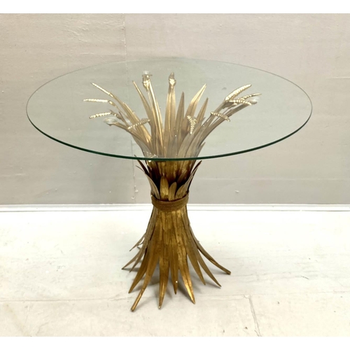 492 - MAISON JANSEN STYLE SIDE TABLE, wheat sheaf design, gilt metal and glass, 60cm x 70cm x 70cm.