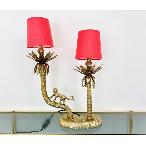 494 - TABLE LAMP, two branch, gilt metal, in the form of a monkey climbing trees, with shades, 50cm x 32cm... 