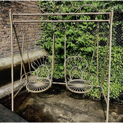 495 - ARCHITECTURAL GARDEN SWING, Regency style, faux verdigris metal, 228 cm x 180xm x 90cm.