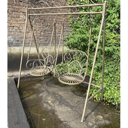 495 - ARCHITECTURAL GARDEN SWING, Regency style, faux verdigris metal, 228 cm x 180xm x 90cm.