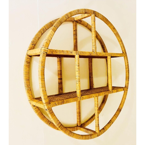 497 - WALL ETAGERE, 1970s Italian style, rattan, 80cm x 80cm x 19cm.