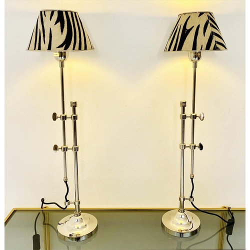 499 - LIBRARY TABLE LAMPS, a pair, height adjustable, faux zebra hide shades, 68cm x 20cm x 20cm.