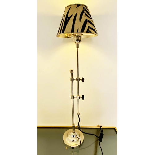 499 - LIBRARY TABLE LAMPS, a pair, height adjustable, faux zebra hide shades, 68cm x 20cm x 20cm.