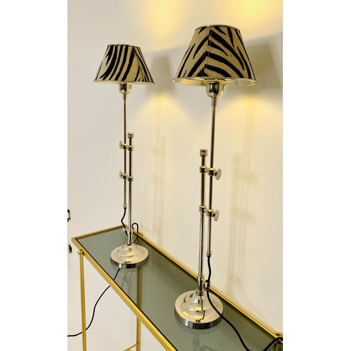 499 - LIBRARY TABLE LAMPS, a pair, height adjustable, faux zebra hide shades, 68cm x 20cm x 20cm.