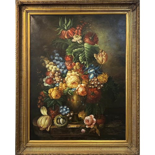 50 - MANNER OF PAUL THEODOR VAN BRUSSEL, 'Still Life with Flowers on a Stone Ledge', oil on canvas, 120cm... 