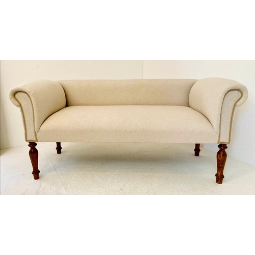 500 - SOFA, 63cm high, 135cm wide, 55cm deep, French provincial style, neutral linen upholstered.