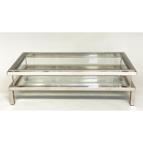 503 - LOW TABLE, 1970's nickel plated rectangular and glazed with sliding top to reveal undertier compartm... 