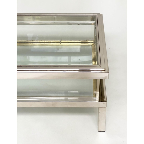 503 - LOW TABLE, 1970's nickel plated rectangular and glazed with sliding top to reveal undertier compartm... 