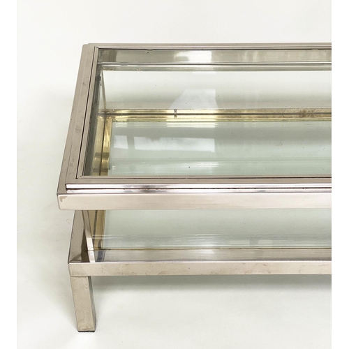 503 - LOW TABLE, 1970's nickel plated rectangular and glazed with sliding top to reveal undertier compartm... 