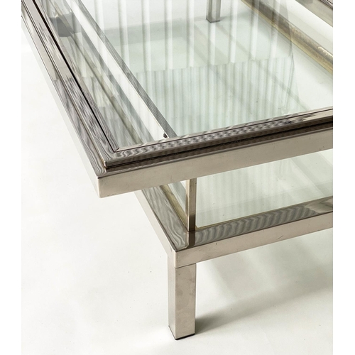 503 - LOW TABLE, 1970's nickel plated rectangular and glazed with sliding top to reveal undertier compartm... 