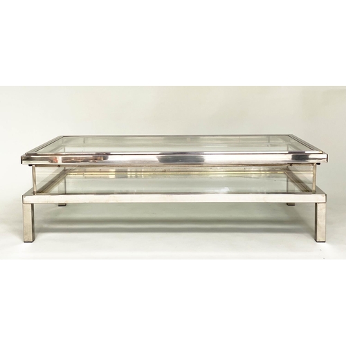 503 - LOW TABLE, 1970's nickel plated rectangular and glazed with sliding top to reveal undertier compartm... 