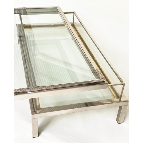 503 - LOW TABLE, 1970's nickel plated rectangular and glazed with sliding top to reveal undertier compartm... 