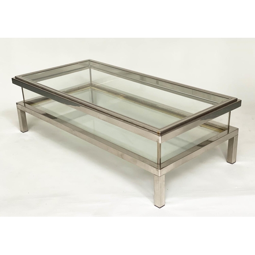 503 - LOW TABLE, 1970's nickel plated rectangular and glazed with sliding top to reveal undertier compartm... 