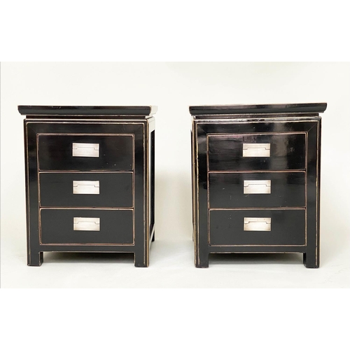 504 - LAMP TABLES, a pair, Chinese lacquered and silvered metal each with three drawers, 45cm x 45cm x 56c... 