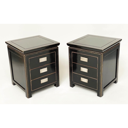 504 - LAMP TABLES, a pair, Chinese lacquered and silvered metal each with three drawers, 45cm x 45cm x 56c... 