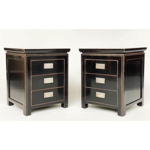 504 - LAMP TABLES, a pair, Chinese lacquered and silvered metal each with three drawers, 45cm x 45cm x 56c... 