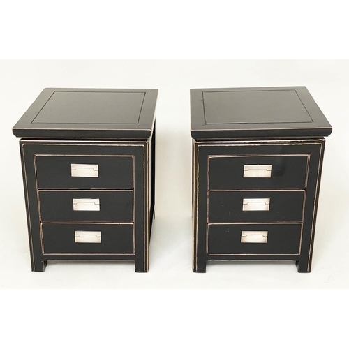 504 - LAMP TABLES, a pair, Chinese lacquered and silvered metal each with three drawers, 45cm x 45cm x 56c... 