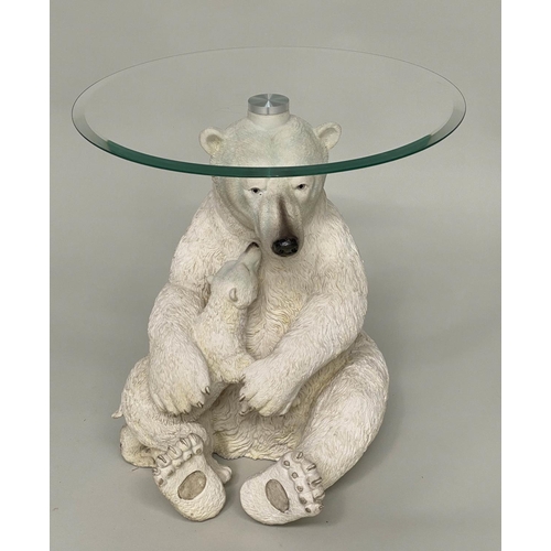 506 - POLAR BEAR TABLE, circular glazed on polar bear and cub support, 47cm W x 52cm H.