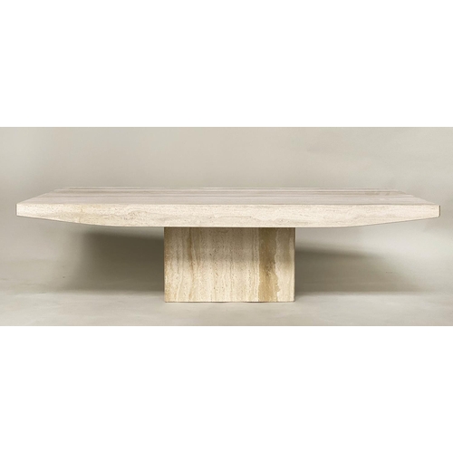 507 - HEAL AND SON TRAVERTINE LOW TABLE, 1970s Italian marble rectangular with plinth base, 150cm x 70cm x... 