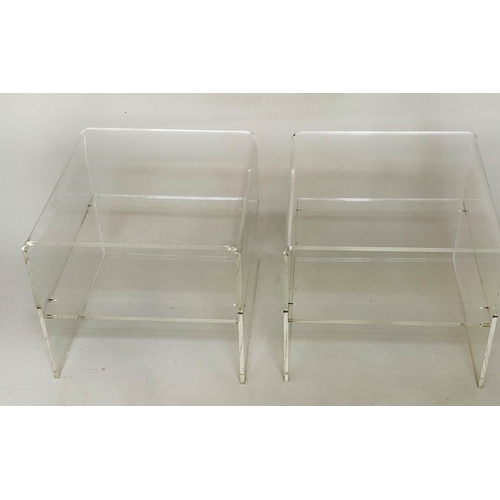 508 - LUCITE SIDE TABLES, a pair, 1970s square lucite and chromium framed each with canted corners and two... 