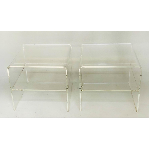 508 - LUCITE SIDE TABLES, a pair, 1970s square lucite and chromium framed each with canted corners and two... 