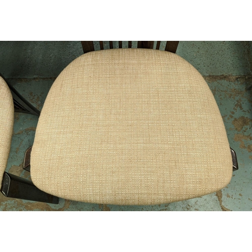 514 - DINING CHAIRS, a set of six, 107cm H, neutral fabric upholstered seats. (6)