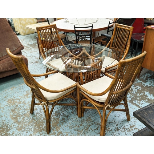 521 - BAMBOO DINING SET, including four chairs, 100cm H and table, 76cm H x 100cm approx, with glass top, ... 