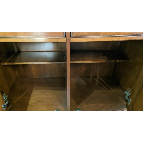 523 - WILLIS AND GAMBIER SIDE CABINETS, a pair, 89cm H x 121cm x 53cm, fruitwood with a bowfront, two draw... 