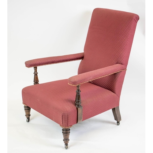 531 - ARMCHAIR, 88cm H x 64cm W, Victorian walnut, circa 1875, in maroon fabric on steel castors.