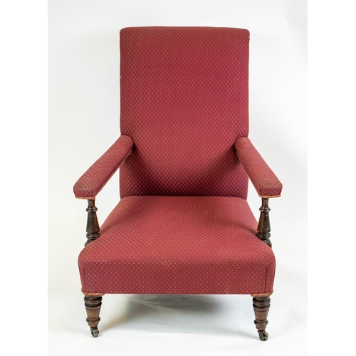 531 - ARMCHAIR, 88cm H x 64cm W, Victorian walnut, circa 1875, in maroon fabric on steel castors.