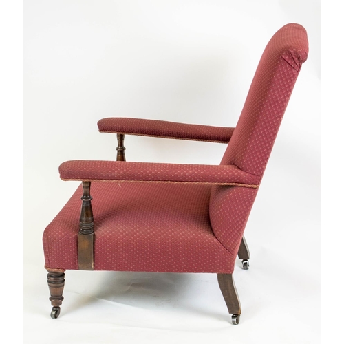 531 - ARMCHAIR, 88cm H x 64cm W, Victorian walnut, circa 1875, in maroon fabric on steel castors.