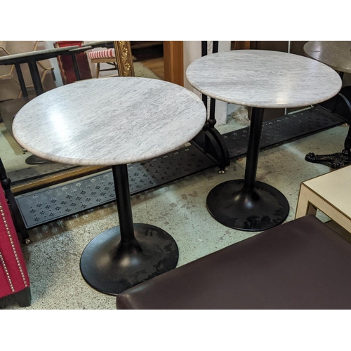 534 - TERRACE DINING TABLES, a pair, 70cm x 76cm H, marble tops, painted metal bases. (2)