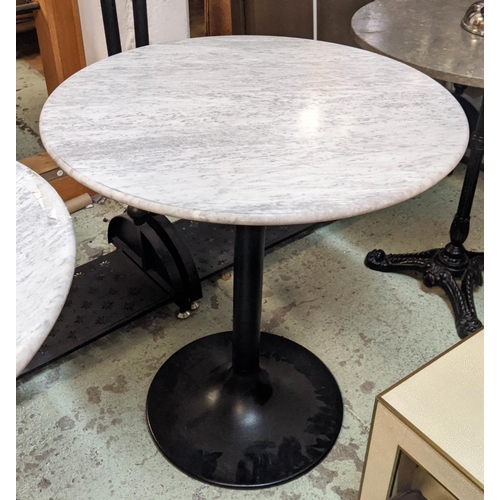 534 - TERRACE DINING TABLES, a pair, 70cm x 76cm H, marble tops, painted metal bases. (2)