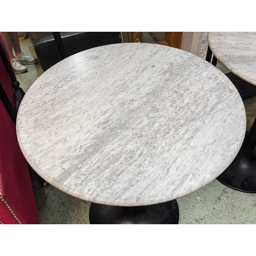 534 - TERRACE DINING TABLES, a pair, 70cm x 76cm H, marble tops, painted metal bases. (2)