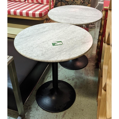 535 - TERRACE DINING TABLES, a pair, 70cm x 76cm H, marble tops, painted metal bases. (2)