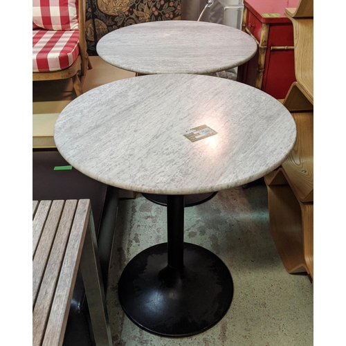 535 - TERRACE DINING TABLES, a pair, 70cm x 76cm H, marble tops, painted metal bases. (2)