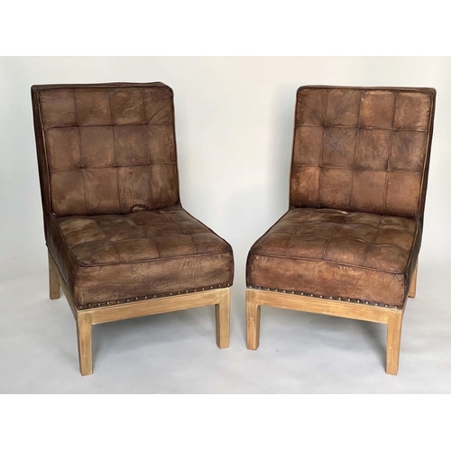 536 - COCKTAIL CHAIRS, a pair, square buttoned, tan leather, 63cm W. (2)