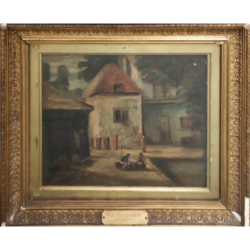 54 - MANNER OF JOHN CROME, 'Old buildings near Norwich', oil on board, 33cm x 42cm, framed.