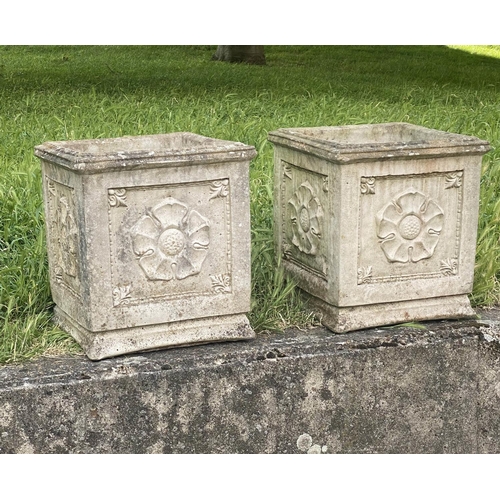 553 - PLANTERS, a pair, weathered composite stone, each square with rosette panelled side, 40cm x 40cm x 4... 