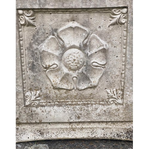 553 - PLANTERS, a pair, weathered composite stone, each square with rosette panelled side, 40cm x 40cm x 4... 