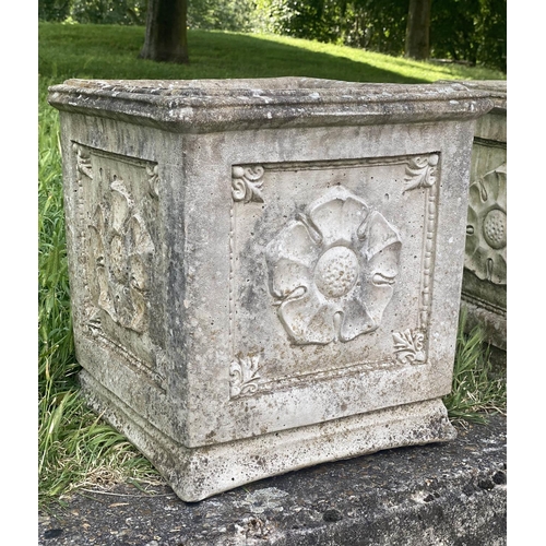 553 - PLANTERS, a pair, weathered composite stone, each square with rosette panelled side, 40cm x 40cm x 4... 