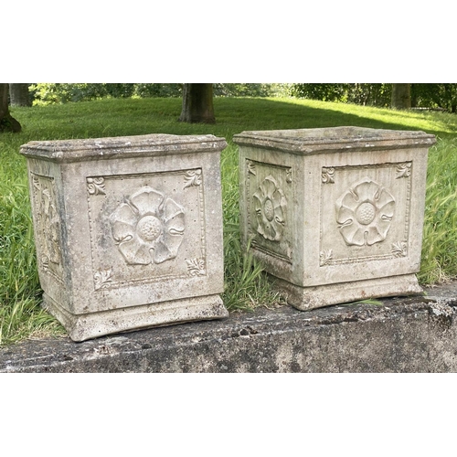 553 - PLANTERS, a pair, weathered composite stone, each square with rosette panelled side, 40cm x 40cm x 4... 