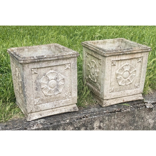 553 - PLANTERS, a pair, weathered composite stone, each square with rosette panelled side, 40cm x 40cm x 4... 