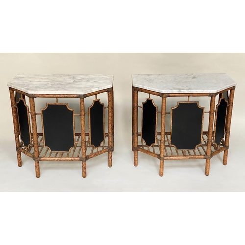 555 - BAMBOO CONSOLE TABLES, a pair, bamboo and cane bound with canted corner marble tops and undertier, 7... 