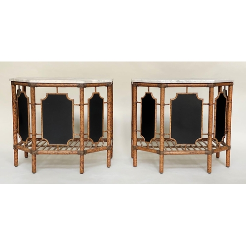 555 - BAMBOO CONSOLE TABLES, a pair, bamboo and cane bound with canted corner marble tops and undertier, 7... 