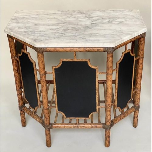 555 - BAMBOO CONSOLE TABLES, a pair, bamboo and cane bound with canted corner marble tops and undertier, 7... 