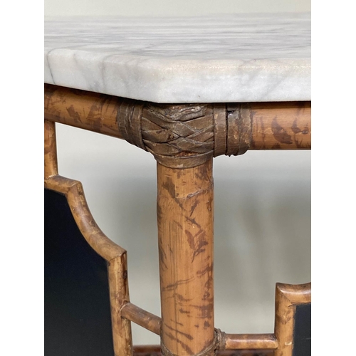 555 - BAMBOO CONSOLE TABLES, a pair, bamboo and cane bound with canted corner marble tops and undertier, 7... 