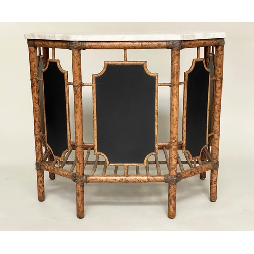 555 - BAMBOO CONSOLE TABLES, a pair, bamboo and cane bound with canted corner marble tops and undertier, 7... 